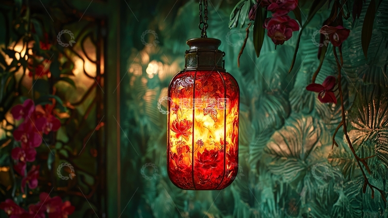 高清大图下载【趣麦麦图】复古红色花纹灯笼