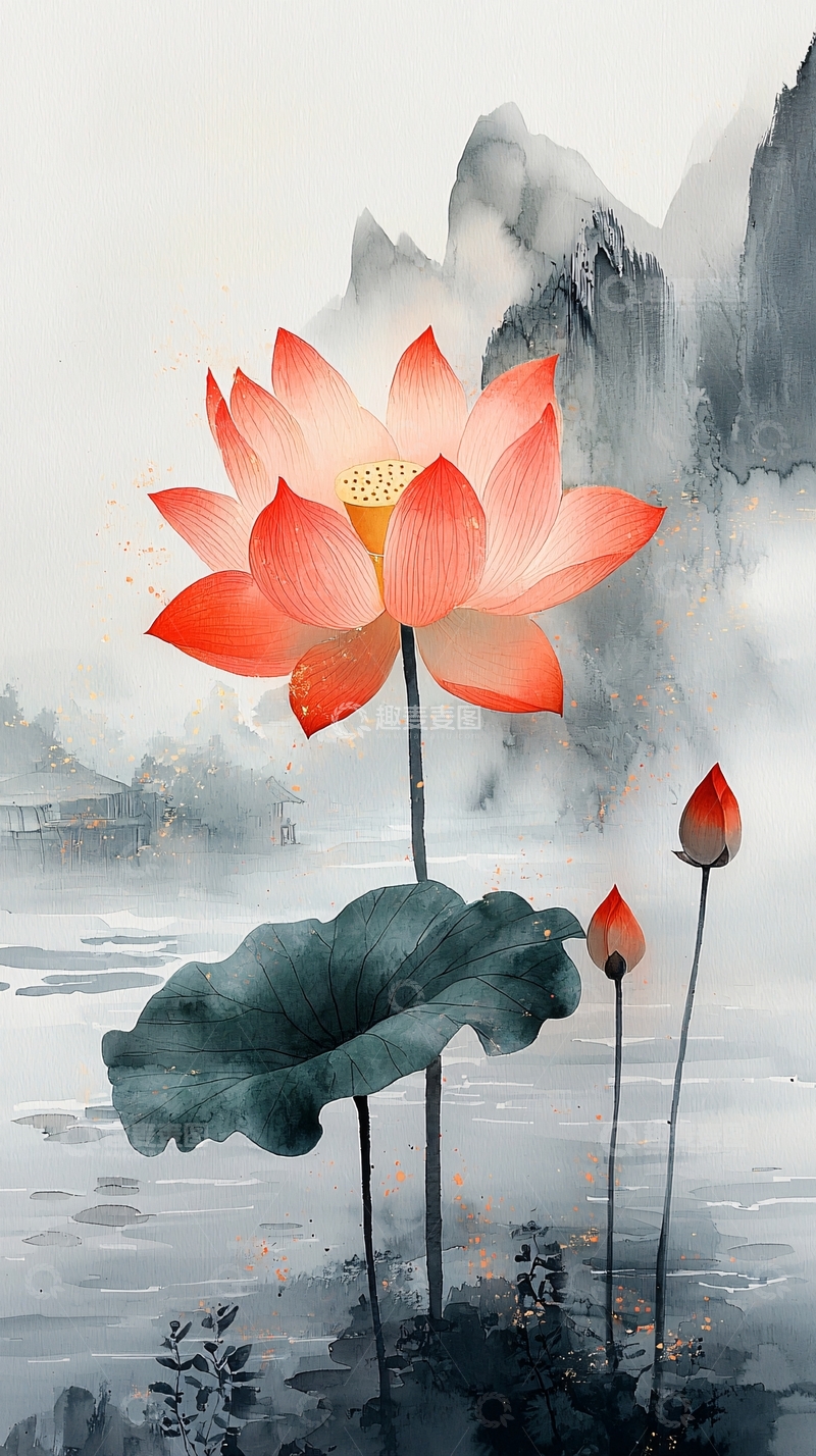 高清大图下载【趣麦麦图】荷花水墨画1