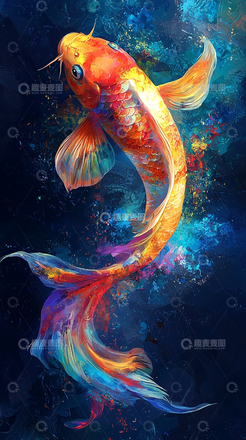 高清大图下载【趣麦麦图】色彩鲜艳的锦鲤水墨画