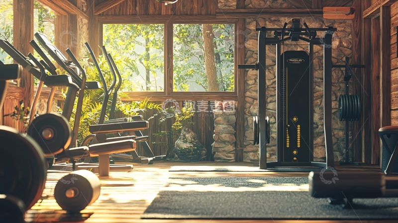 高清大图下载【趣麦麦图】阳光洒进的木质健身房