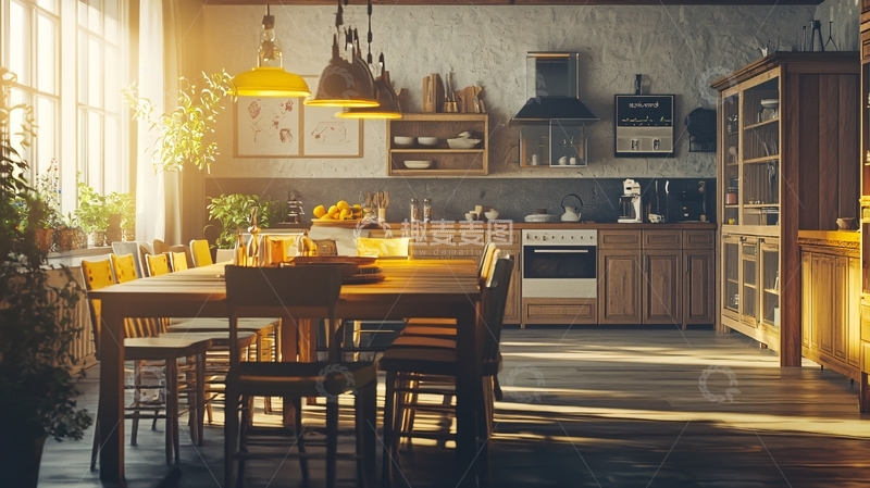 高清大图下载【趣麦麦图】阳光洒进温暖木质厨房