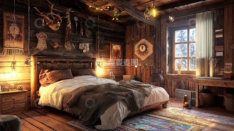 高清大图下载【趣麦麦图】温暖舒适的木屋卧室