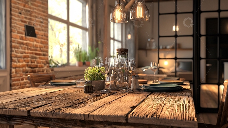 高清大图下载【趣麦麦图】阳光洒进的原木餐桌