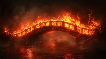 燃烧的桥梁在水面之上