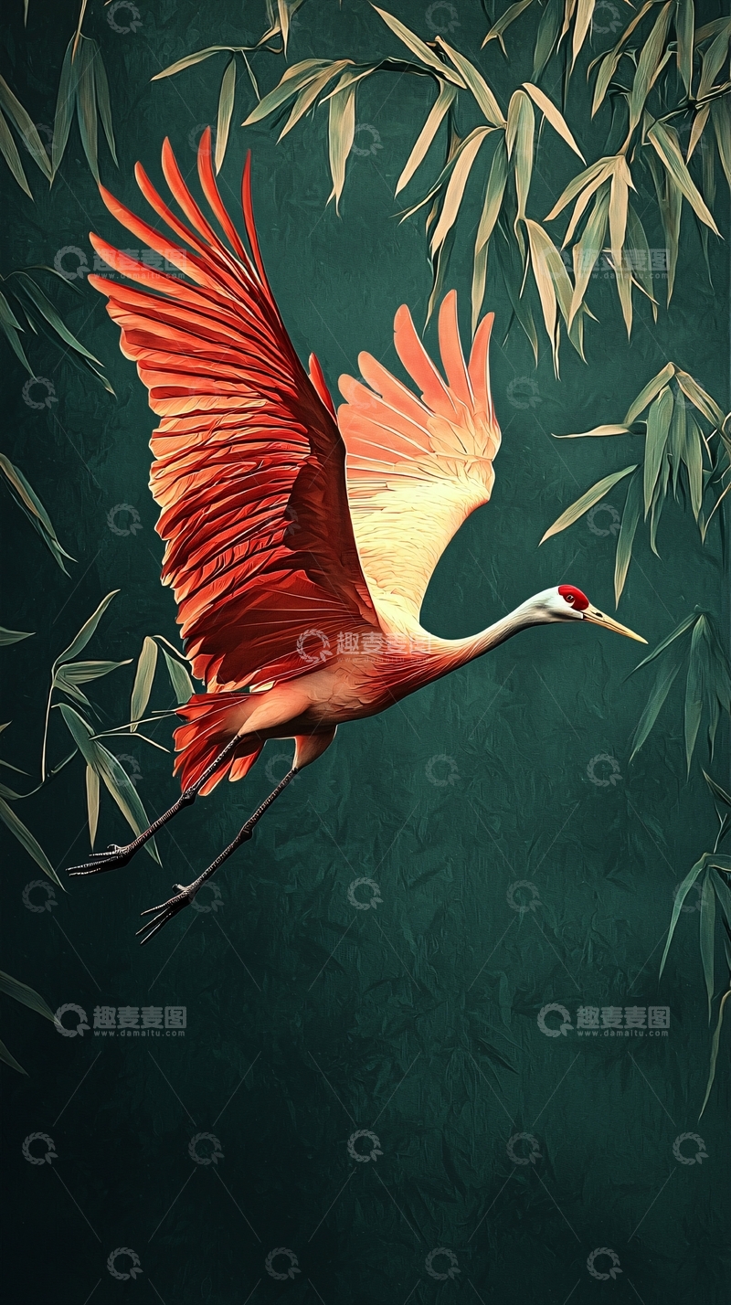 高清大图下载【趣麦麦图】仙鹤飞舞在竹林中的场景