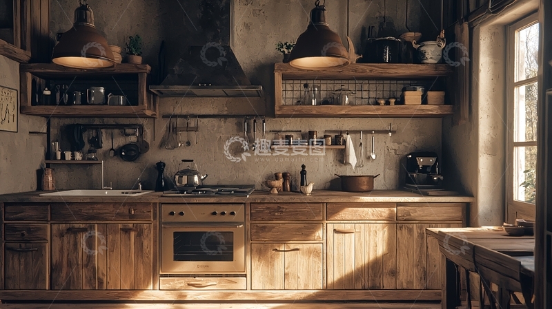 高清大图下载【趣麦麦图】原木风乡村厨房