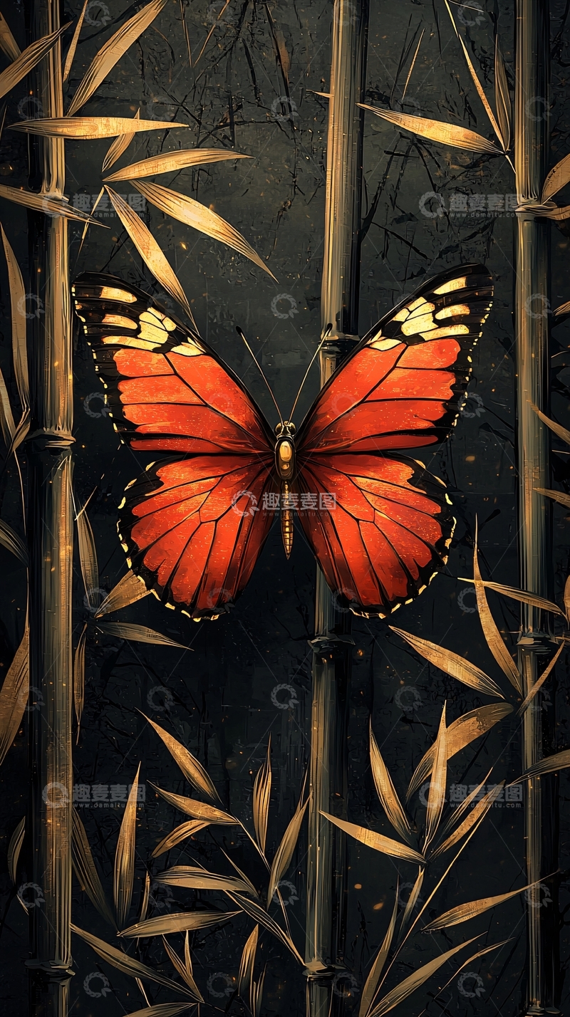 高清大图下载【趣麦麦图】橙色蝴蝶与竹子背景