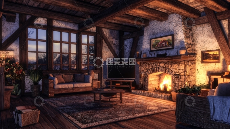 高清大图下载【趣麦麦图】温暖舒适的乡村木屋客厅