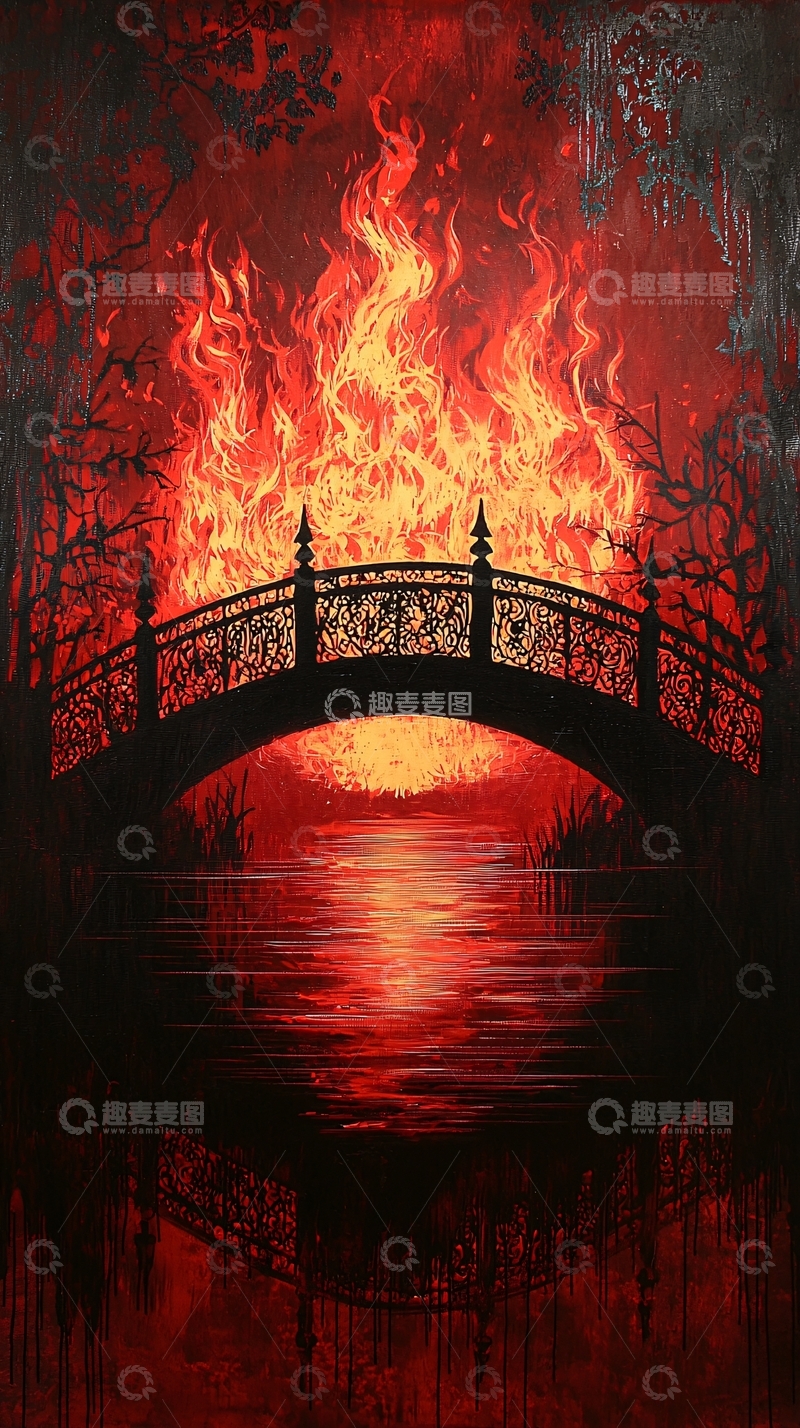 高清大图下载【趣麦麦图】火焰桥梁下的红月