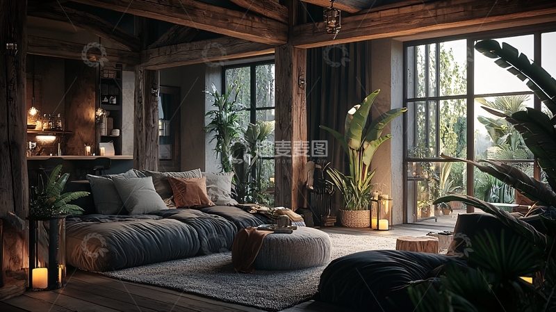 高清大图下载【趣麦麦图】暗色系loft风格客厅