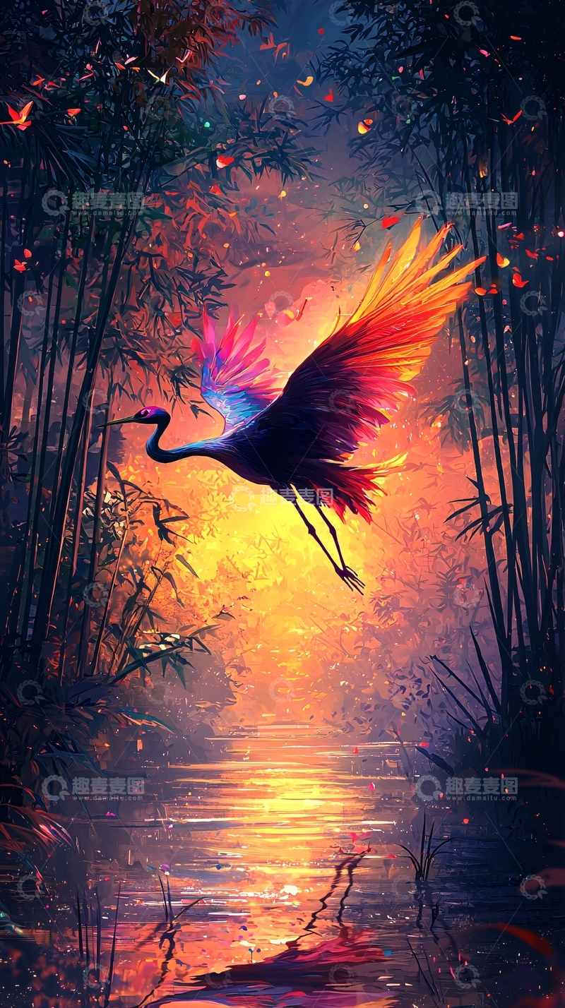 高清大图下载【趣麦麦图】仙鹤飞舞在竹林河流