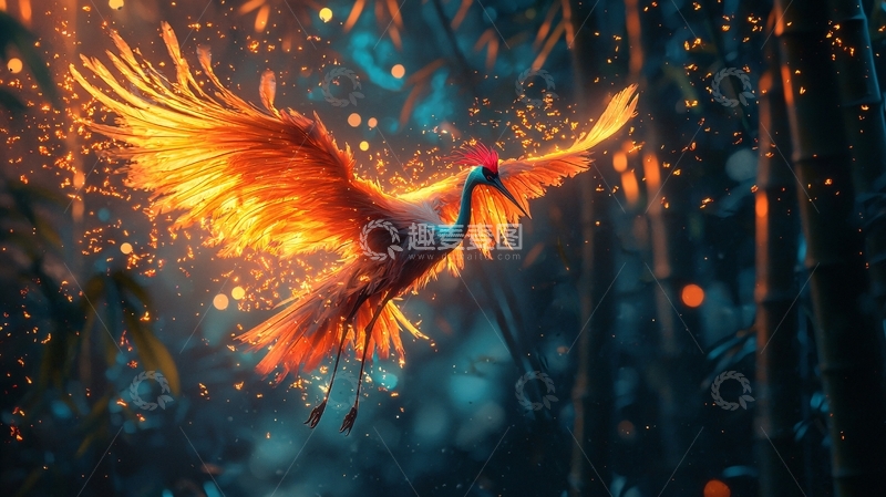 高清大图下载【趣麦麦图】发光仙鹤在森林中飞翔