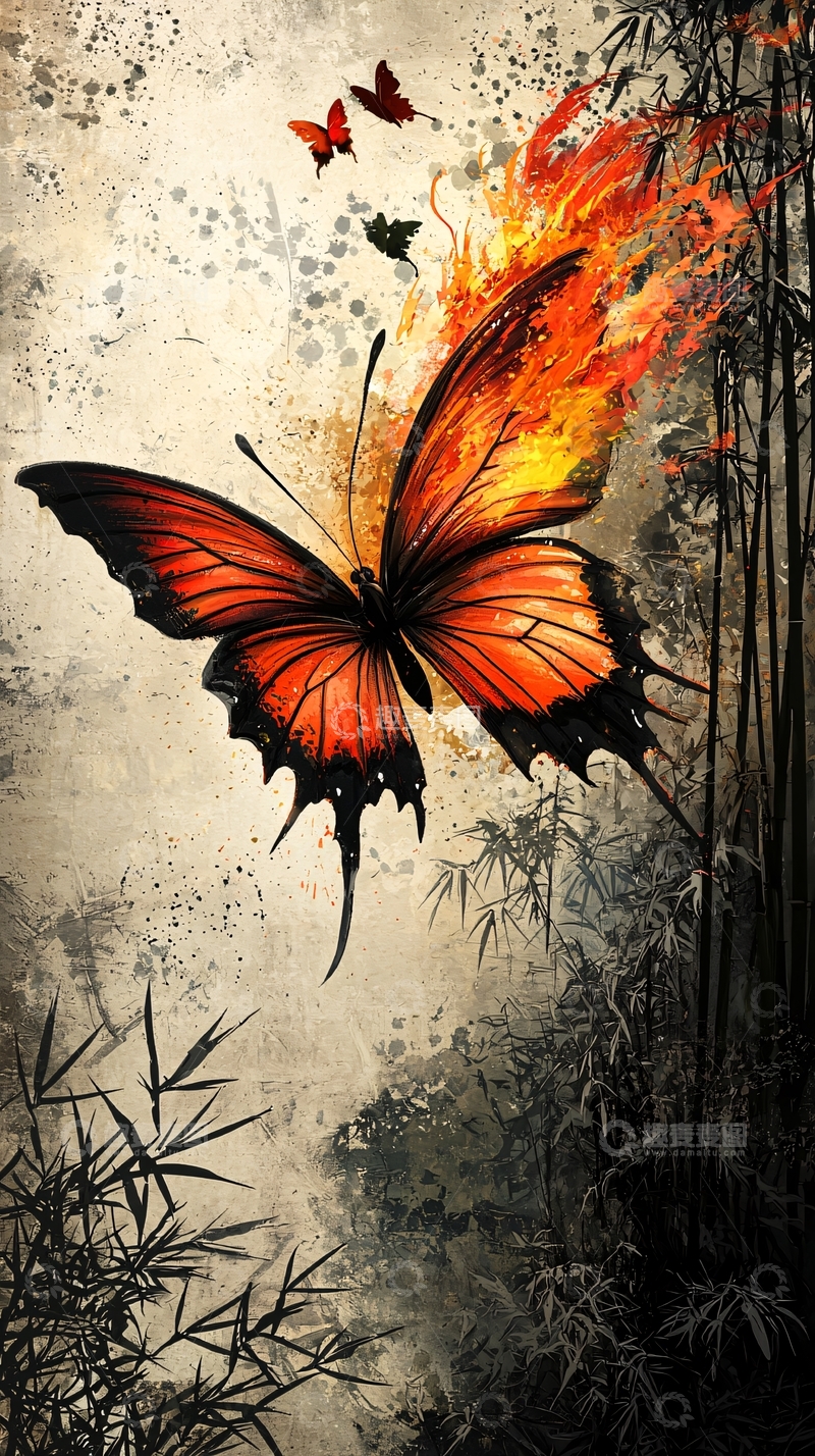 高清大图下载【趣麦麦图】火焰蝴蝶竹林水墨画