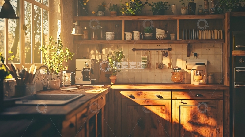 高清大图下载【趣麦麦图】阳光洒进木质厨房