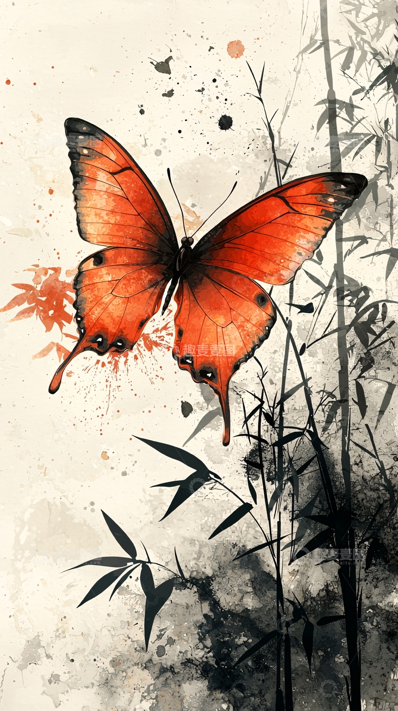 高清大图下载【趣麦麦图】红色蝴蝶水墨竹林