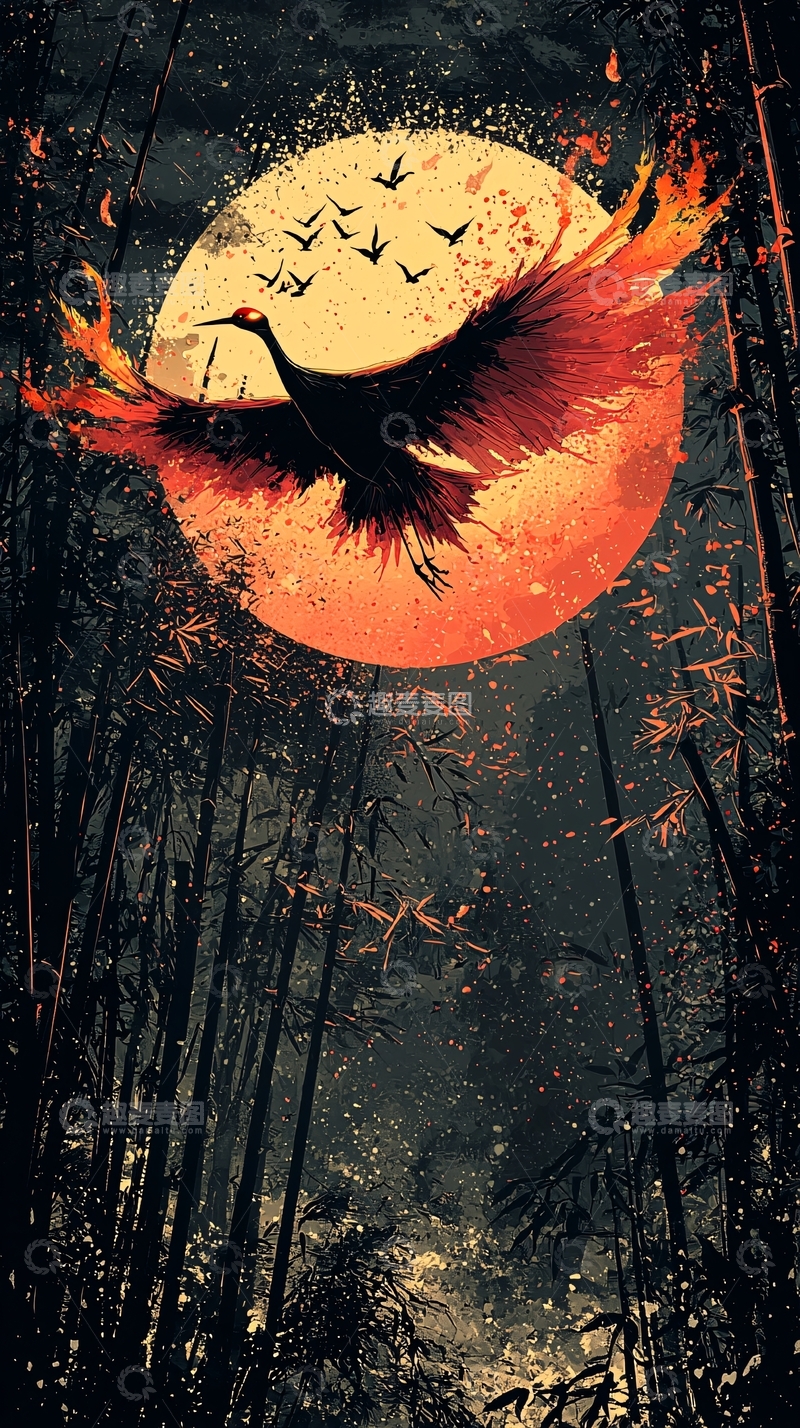 高清大图下载【趣麦麦图】火鸟飞过竹林和圆月