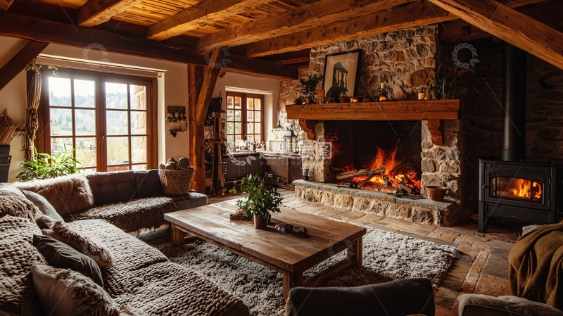 高清大图下载【趣麦麦图】乡村木屋客厅壁炉