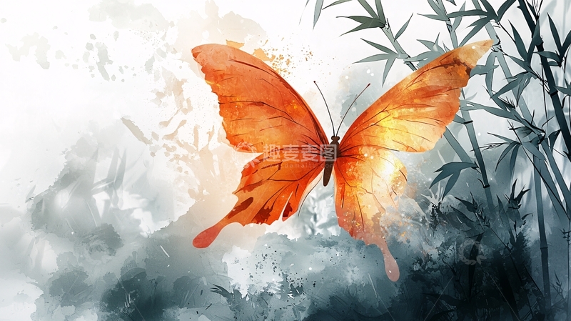 高清大图下载【趣麦麦图】水彩蝴蝶与竹子的意境