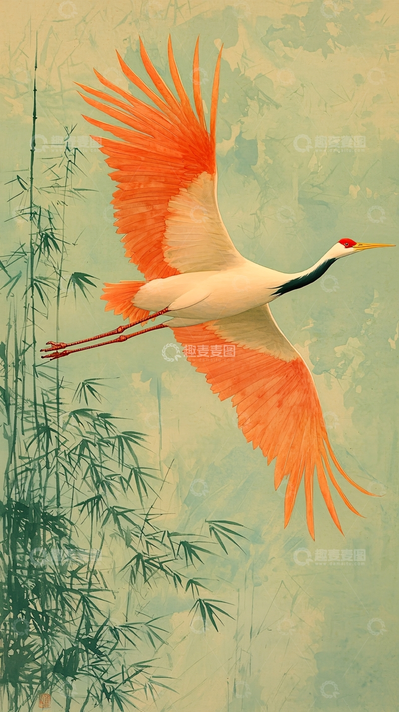 高清大图下载【趣麦麦图】红色仙鹤飞翔竹林画