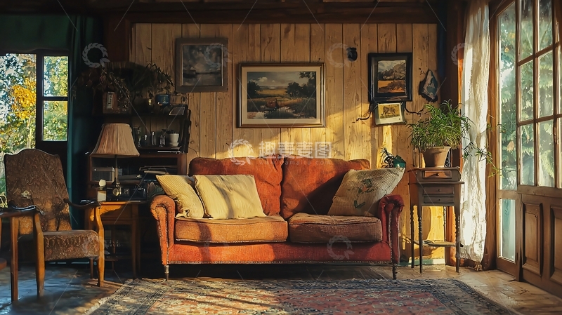高清大图下载【趣麦麦图】木屋客厅阳光洒满