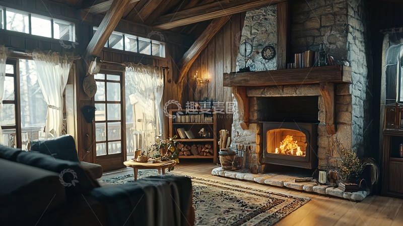 高清大图下载【趣麦麦图】温暖舒适的乡村木屋客厅