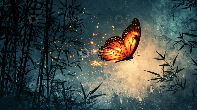 高清大图下载【趣麦麦图】橙色蝴蝶飞舞在竹林间