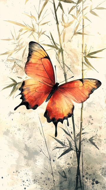 水墨风蝴蝶与竹子的意境