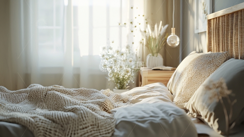 高清大图下载【趣麦麦图】温暖舒适的卧室阳光洒满床铺