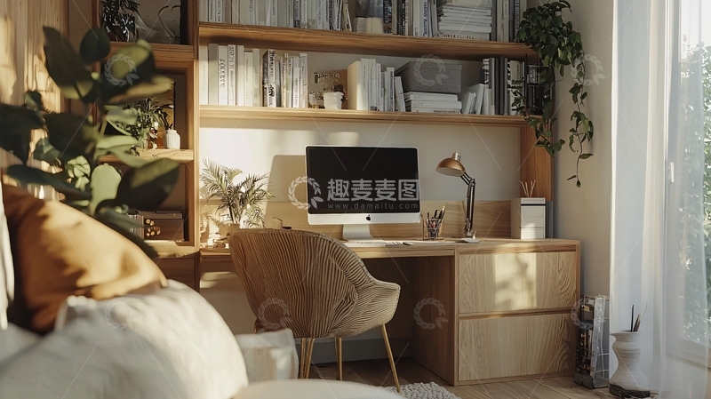 高清大图下载【趣麦麦图】温馨舒适的原木色书房