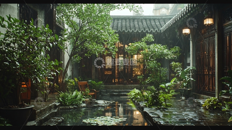 高清大图下载【趣麦麦图】雨中江南古宅庭院