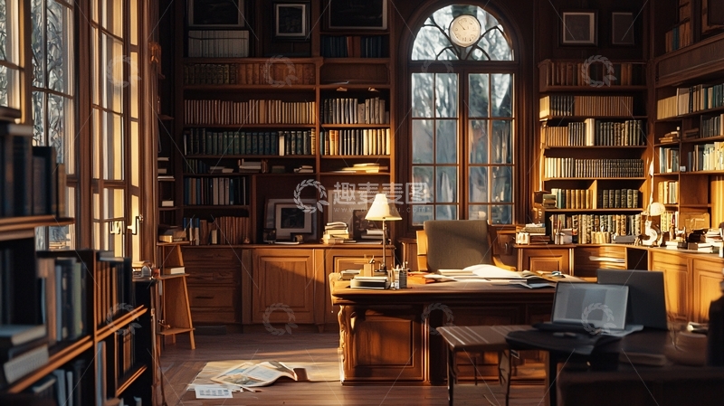高清大图下载【趣麦麦图】阳光洒进的温暖书房