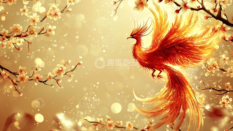 高清大图下载【趣麦麦图】金黄色凤凰飞舞在花丛中