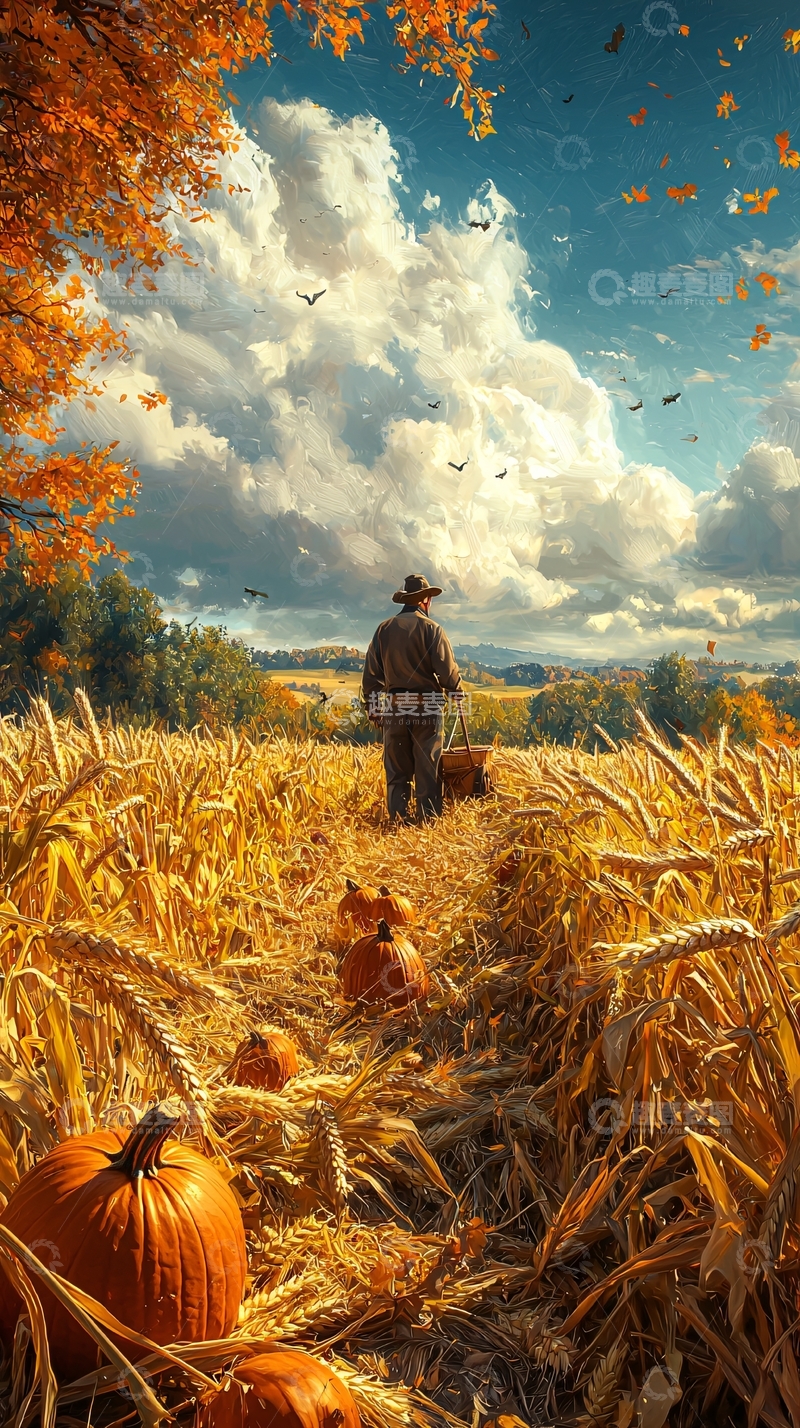 高清大图下载【趣麦麦图】秋收时节农民田野漫步