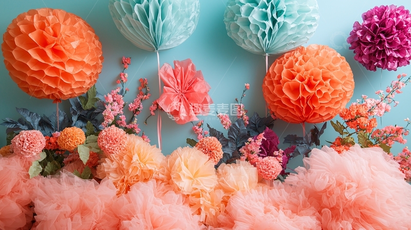 高清大图下载【趣麦麦图】彩色纸球花卉装饰背景