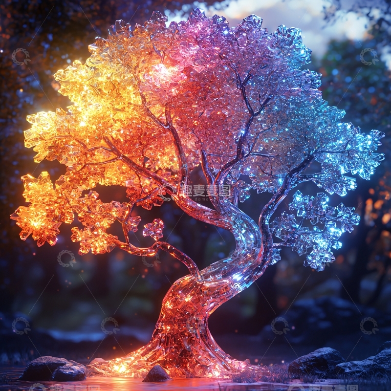 高清大图下载【趣麦麦图】彩虹色水晶树在水中倒影