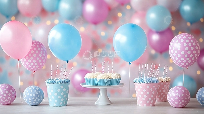 高清大图下载【趣麦麦图】粉色蓝色气球甜点背景