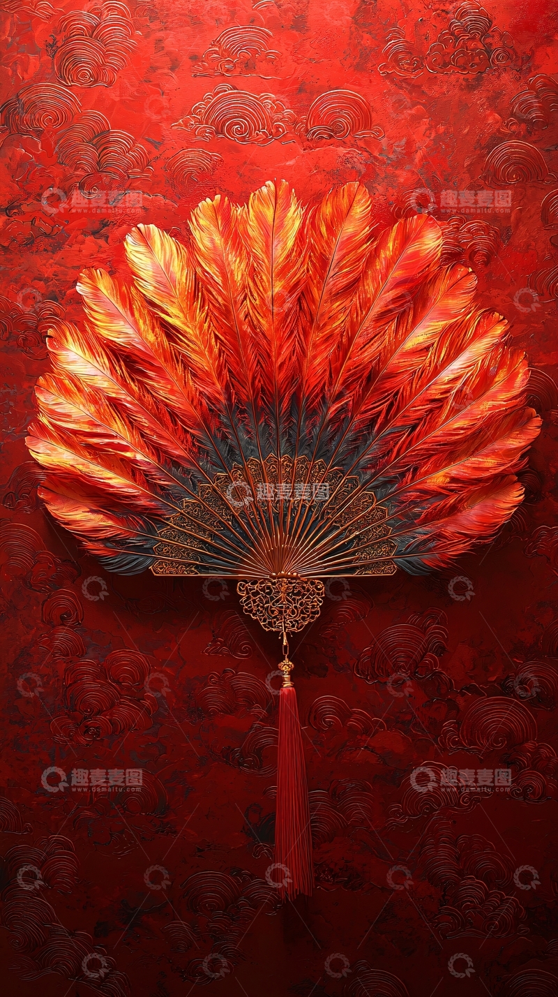 高清大图下载【趣麦麦图】红色羽毛扇子背景墙
