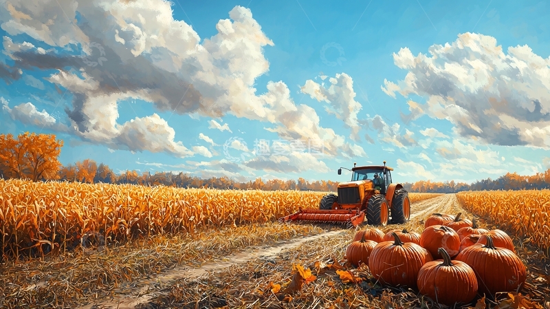 高清大图下载【趣麦麦图】秋收田野拖拉机南瓜