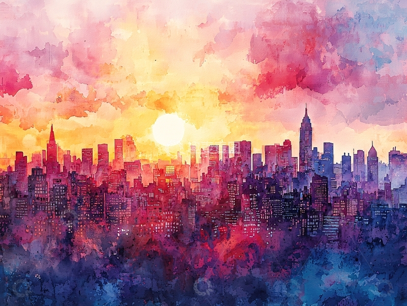 高清大图下载【趣麦麦图】水彩风格的城市日落