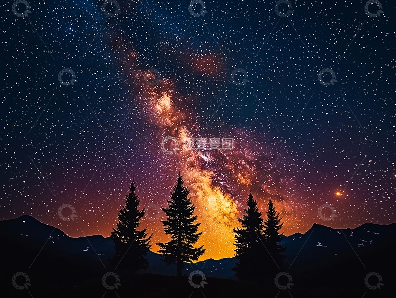 高清大图下载【趣麦麦图】璀璨星空下的剪影树木