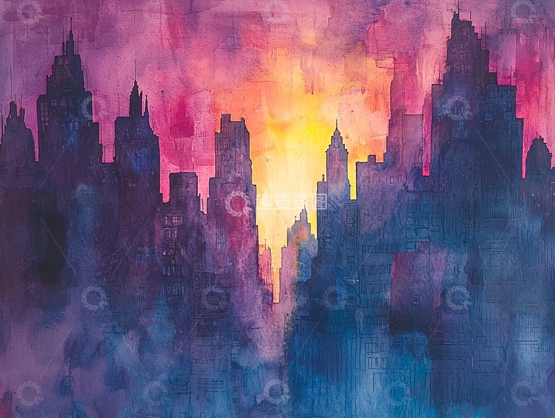 高清大图下载【趣麦麦图】水彩城市剪影