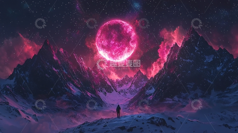 高清大图下载【趣麦麦图】粉色星球照亮雪山夜空