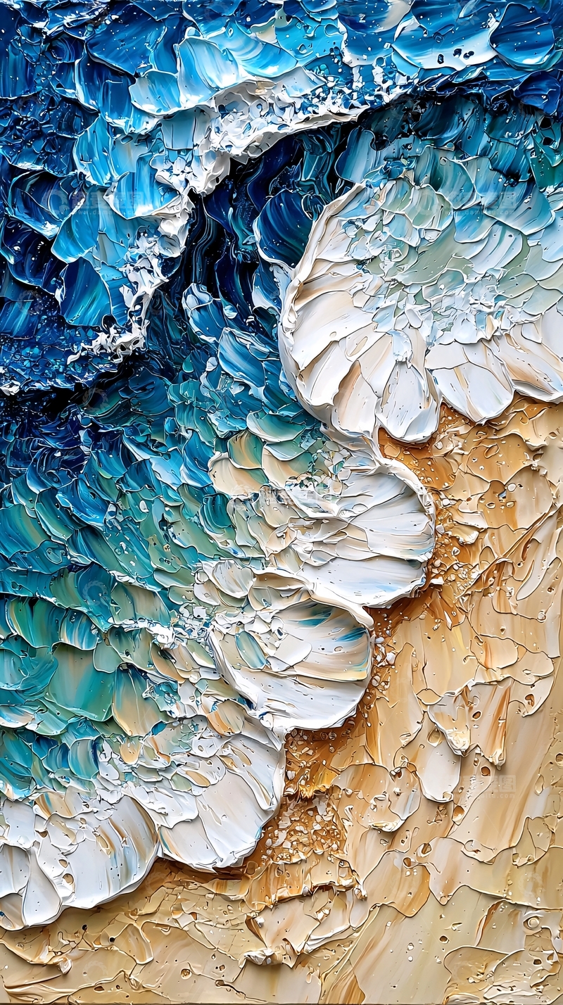 高清大图下载【趣麦麦图】海浪冲击沙滩的厚涂油画