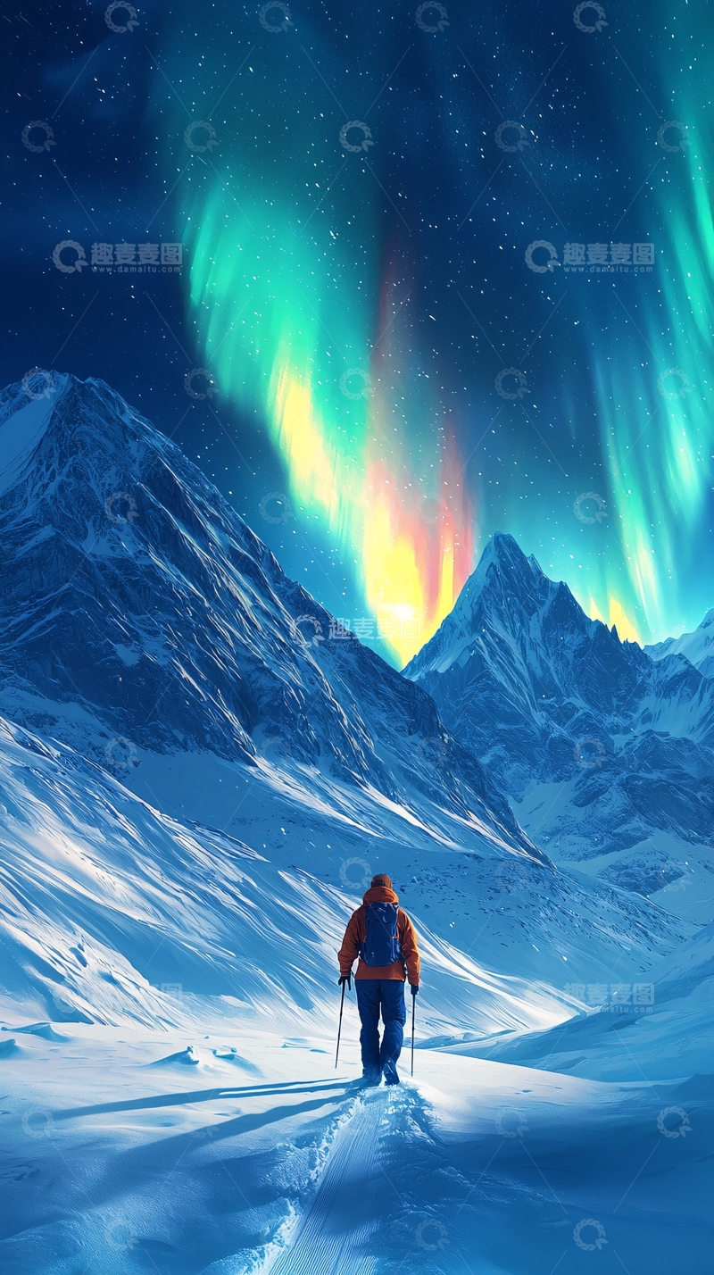 高清大图下载【趣麦麦图】雪山极光下的徒步者