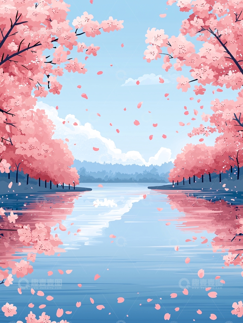 高清大图下载【趣麦麦图】樱花树湖面唯美场景