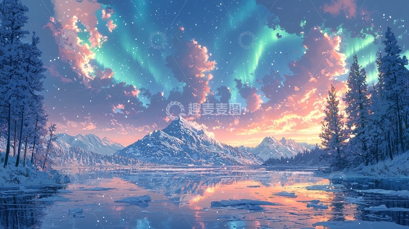 高清大图下载【趣麦麦图】极光下的雪山湖泊