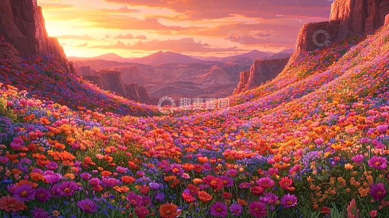 高清大图下载【趣麦麦图】鲜花遍野的山谷日落