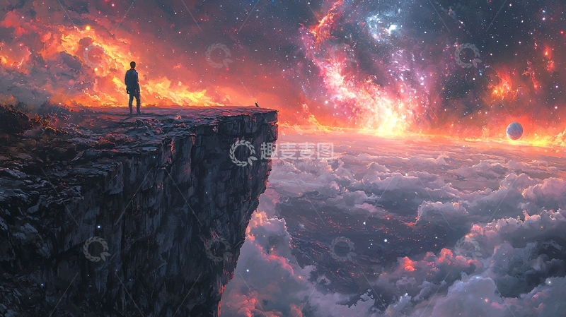 高清大图下载【趣麦麦图】悬崖边看宇宙星空的人