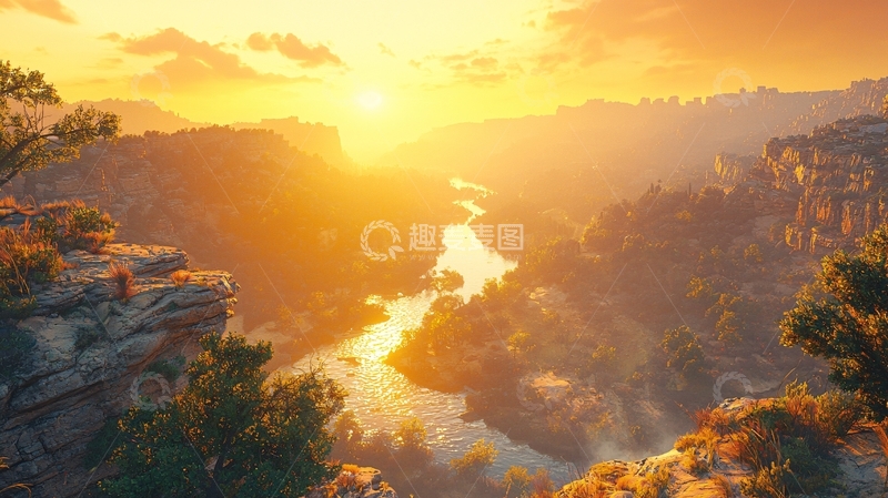 高清大图下载【趣麦麦图】金色阳光下的山谷河流