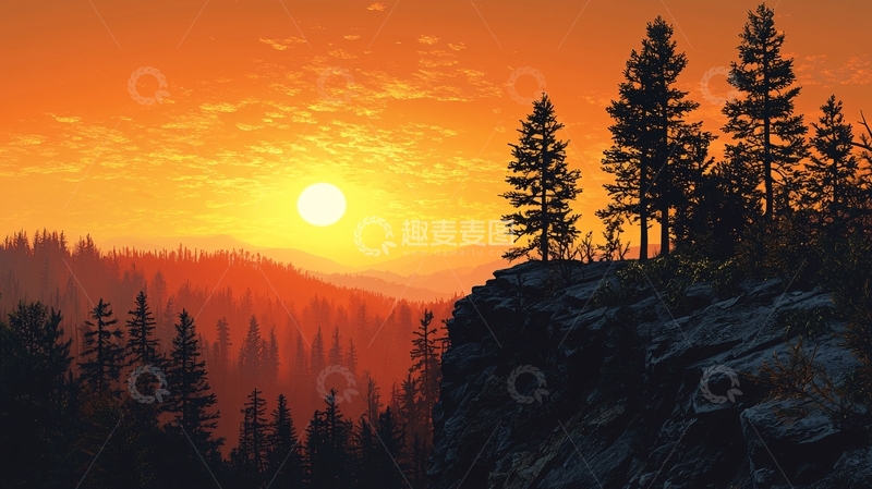 高清大图下载【趣麦麦图】日落森林山顶的壮丽景色